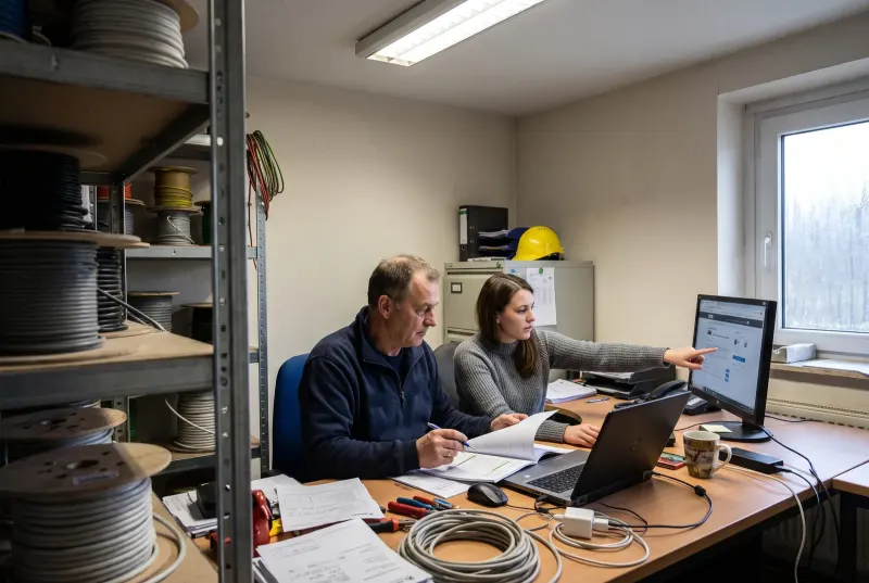 Inhaber eines Elektrobetriebs liest im Büro einen ausgedruckten Webseitentext und markiert Stellen mit Kugelschreiber, die Kollegin am Bildschirm daneben