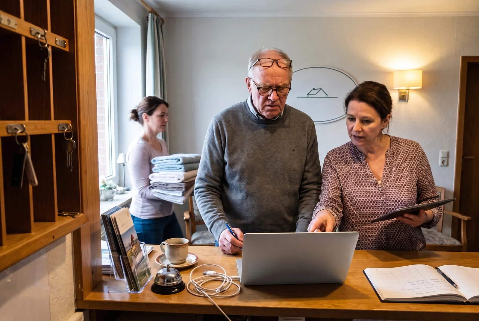 Inhaber einer Pension sieht hinter dem Empfangstresen skeptisch auf den Laptop, seine Tochter zeigt mit dem Tablet in der Hand auf den Bildschirm