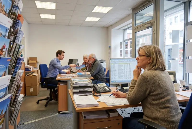 Mitarbeiterin eines Reisebüros sitzt am Rechner über einer Liste, im Hintergrund berät eine Kollegin ein Paar am Schreibtisch
